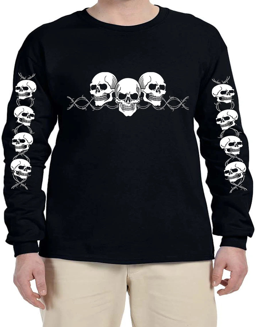 Skull Biker Tattoo Style Graphic Design Long Sleeve T-Shirt  Long Arm Shirt
