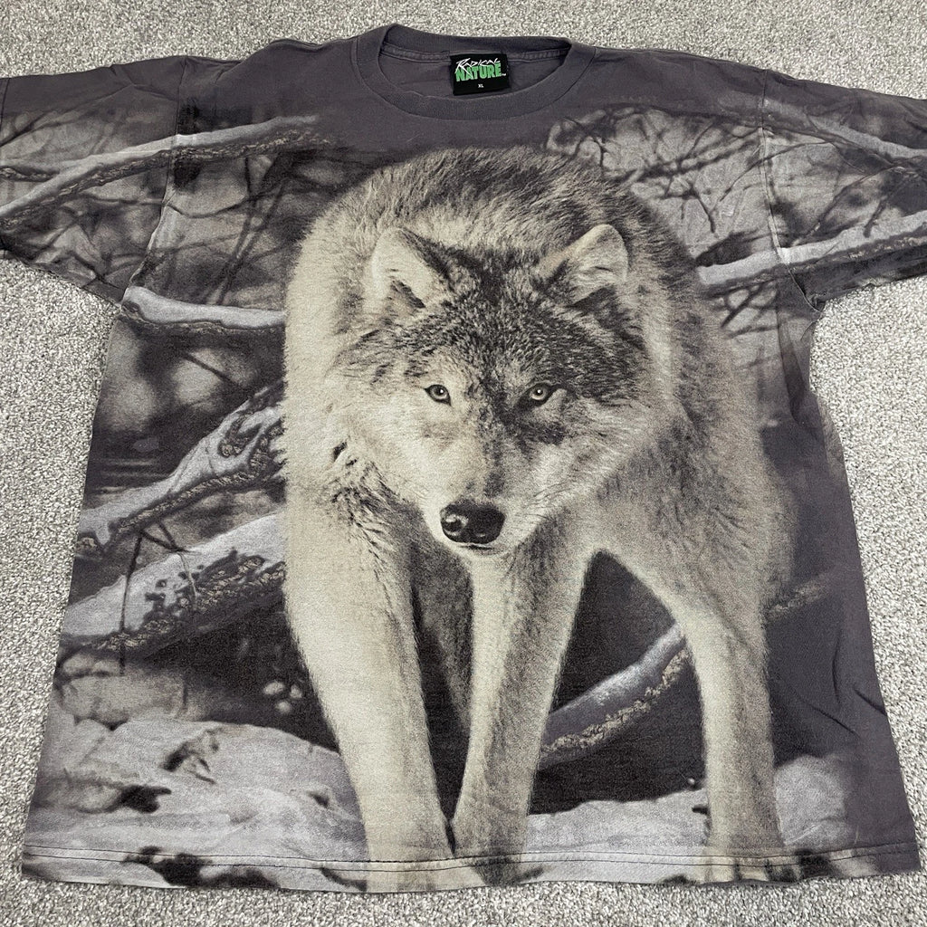 VINTAGE Radical Nature T Shirt Men XL Wolves AOP All Over Print Double Sided Y2K