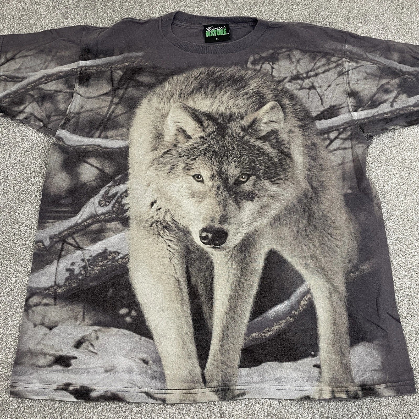 VINTAGE Radical Nature T Shirt Men XL Wolves AOP All Over Print Double Sided Y2K