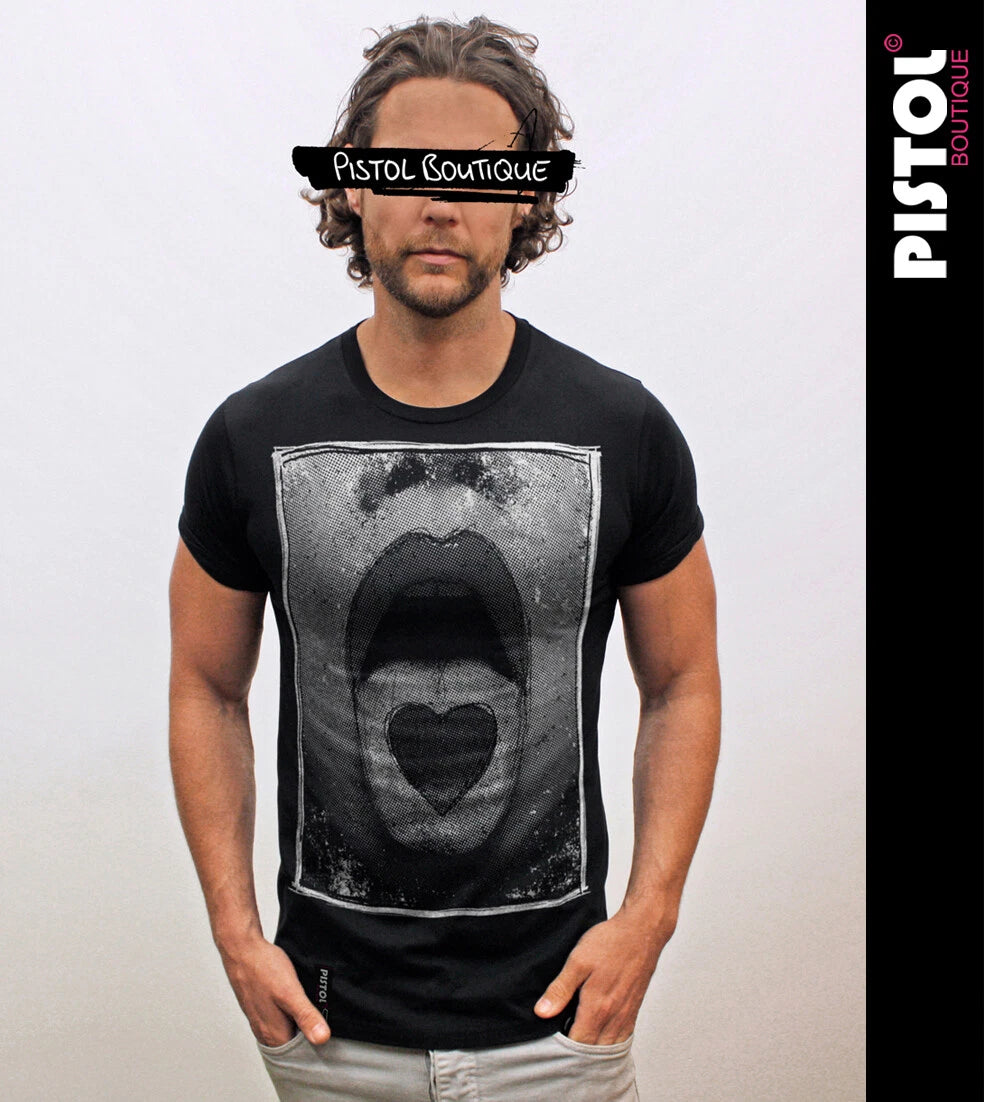Pistol Boutique Mens Black Fitted Crew Neck T-Shirt Sketch Heart Tongue