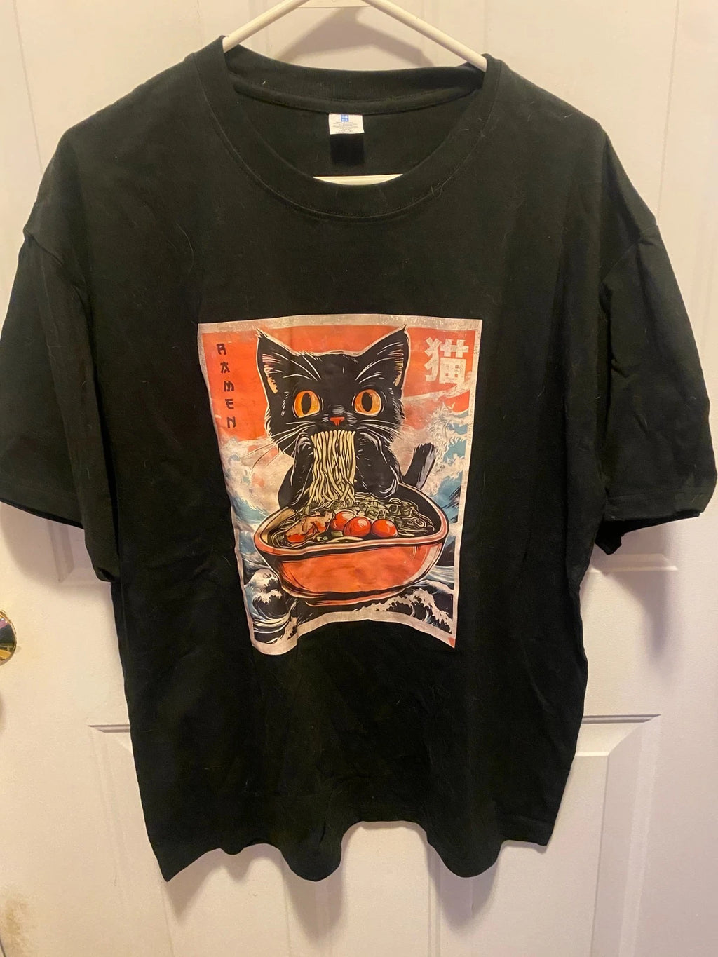 Men's Anime Ramen Cat Retro Japanese Noodles Kawaii Funny T-shirt, Size Large