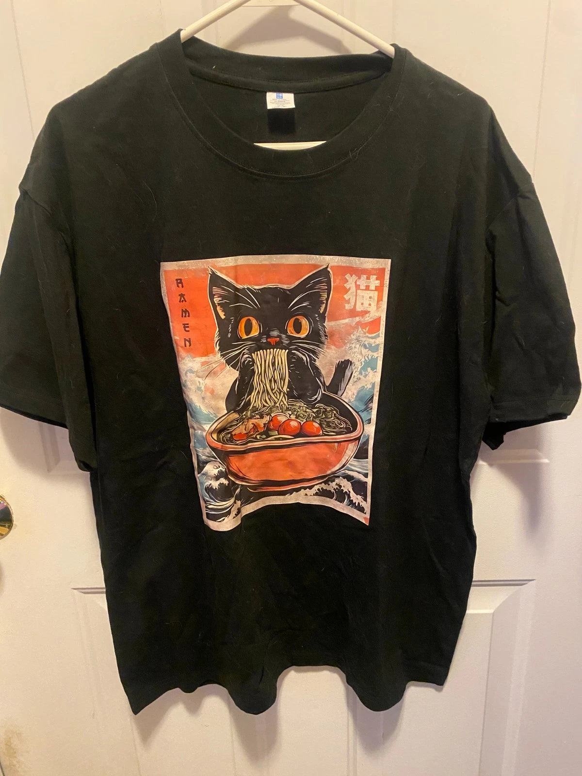 Men's Anime Ramen Cat Retro Japanese Noodles Kawaii Funny T-shirt, Size Large