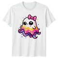 Kawaii Ghost With Pink Bow Womens T-Shirt Cute Ghost Halloween Gift For Her