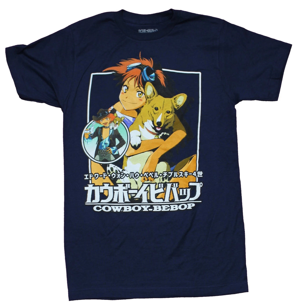 Cowboy Bebop Adult New T-Shirt - Ein and Ed Collage Over Logo