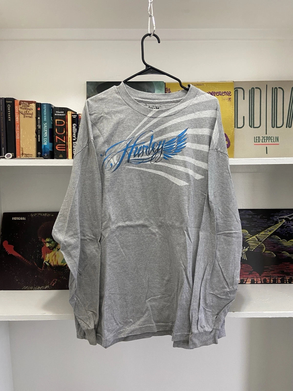 Vintage Y2k Hurley Long Sleeve Shirt Surf Skate Script Wings Grey Mens Size 2xl