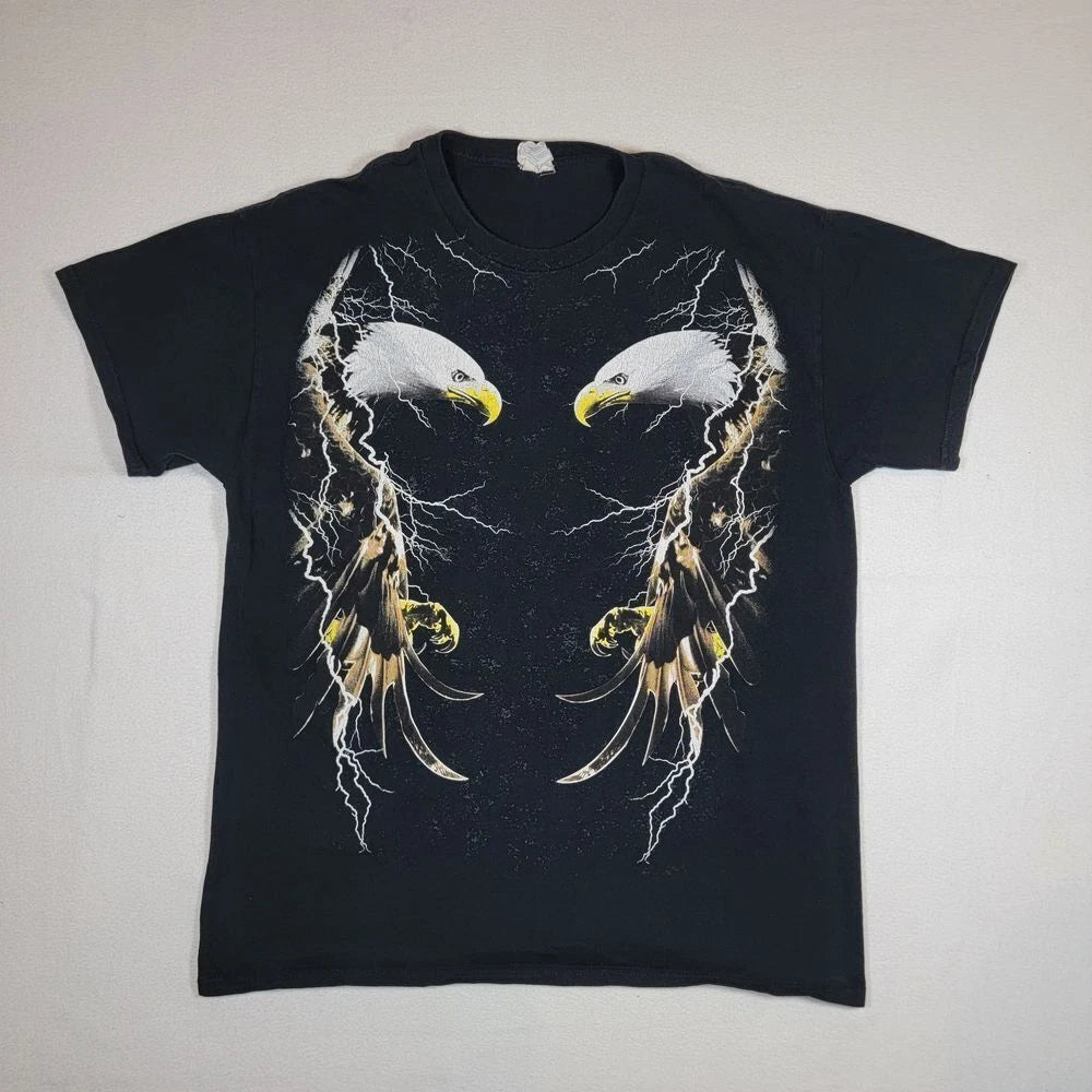 Y2K Eagle Graphic T-Shirt Sz L Large Black Nature Lightning