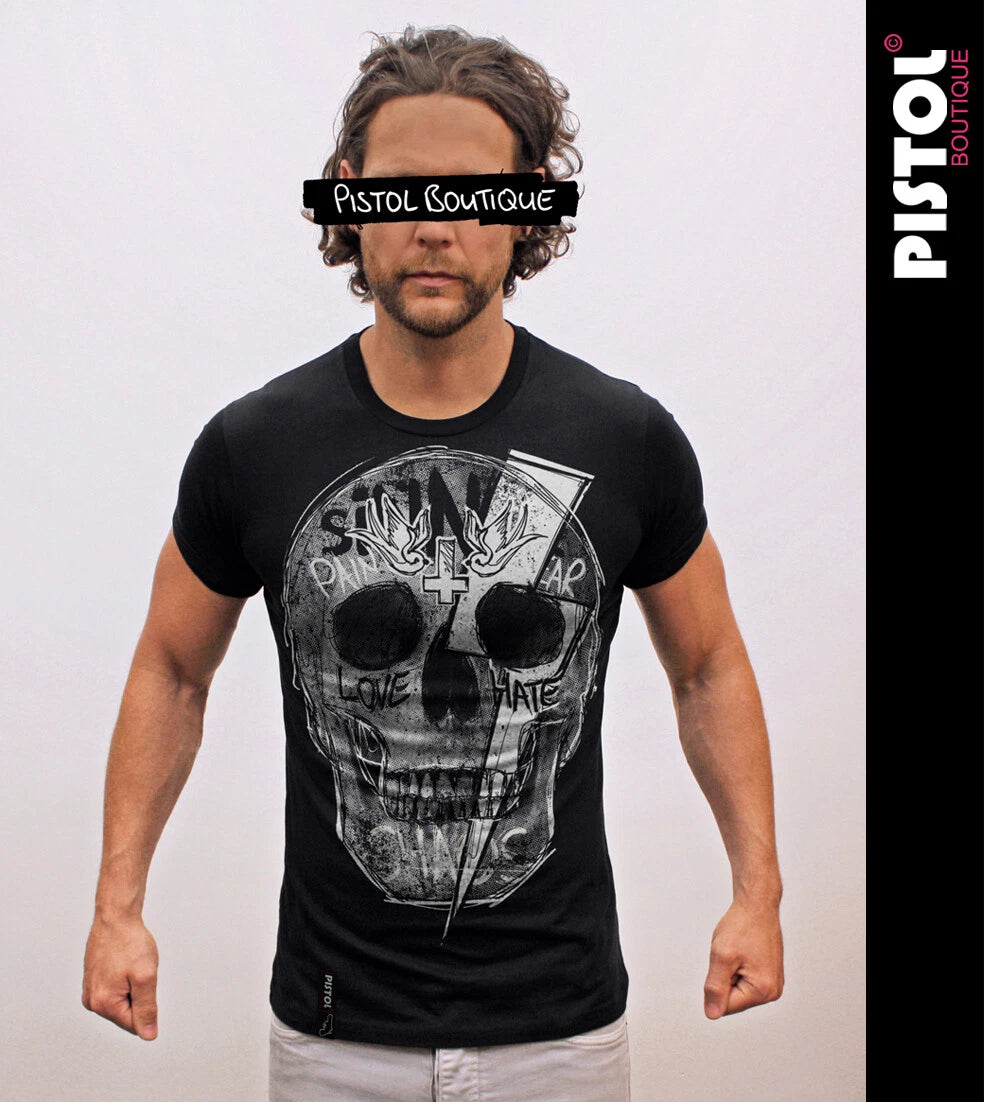Pistol Boutique Men's Black Fitted Graffiti Crew Neck Lightning Bolt Skull T-Shirt