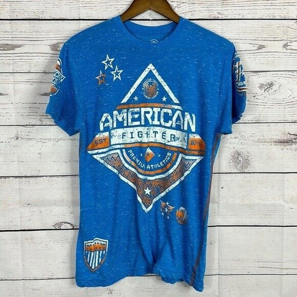 American Fighter Tee Shirt Top Mens Medium Blue Graphic Grunge y2k MMA
