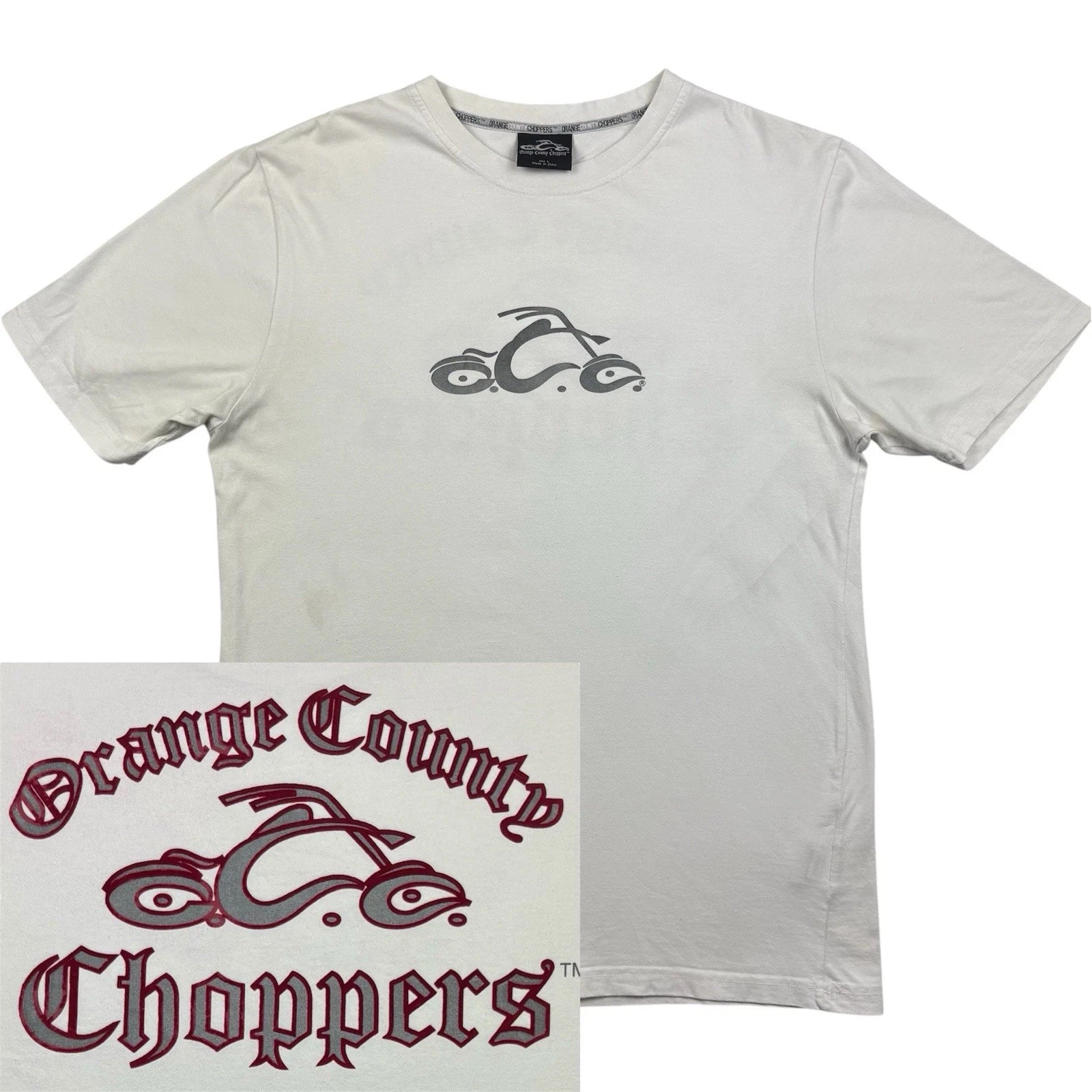 Vintage Orange County Choppers T Shirt Mens Size L Double Sided White Biker Y2K