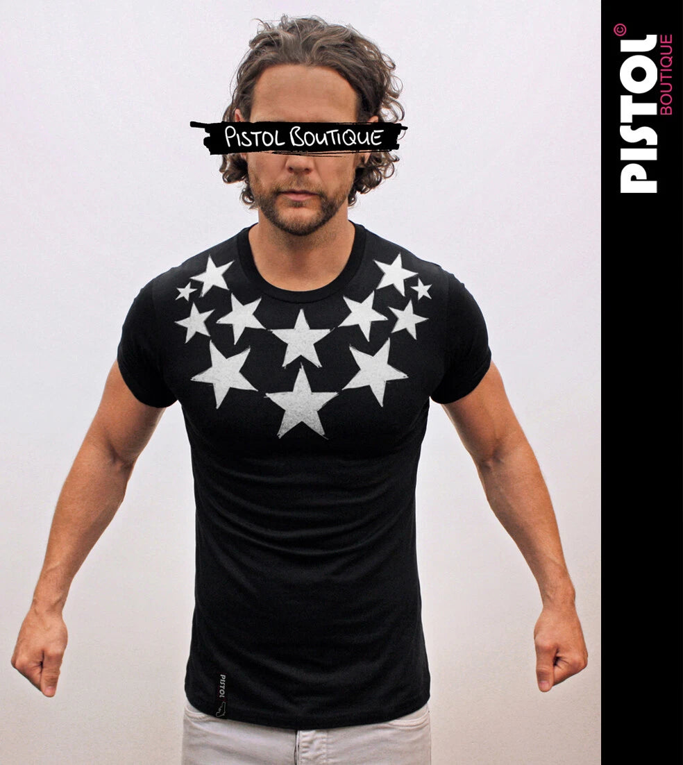 Pistol Boutique Mens Black Fitted Crew Neck T-Shirt CHEST SKETCH STARS