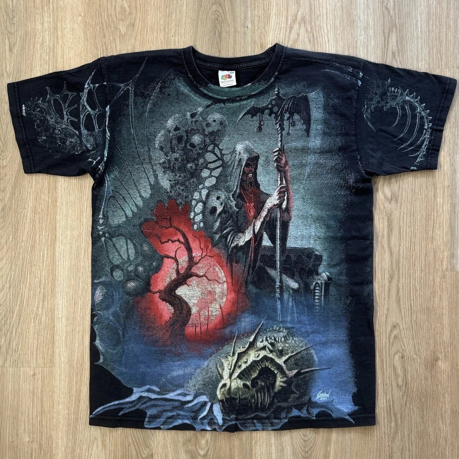 Dark Fantasy T-Shirt M All Over Print Black Gothic Grim Reaper Skull AOP