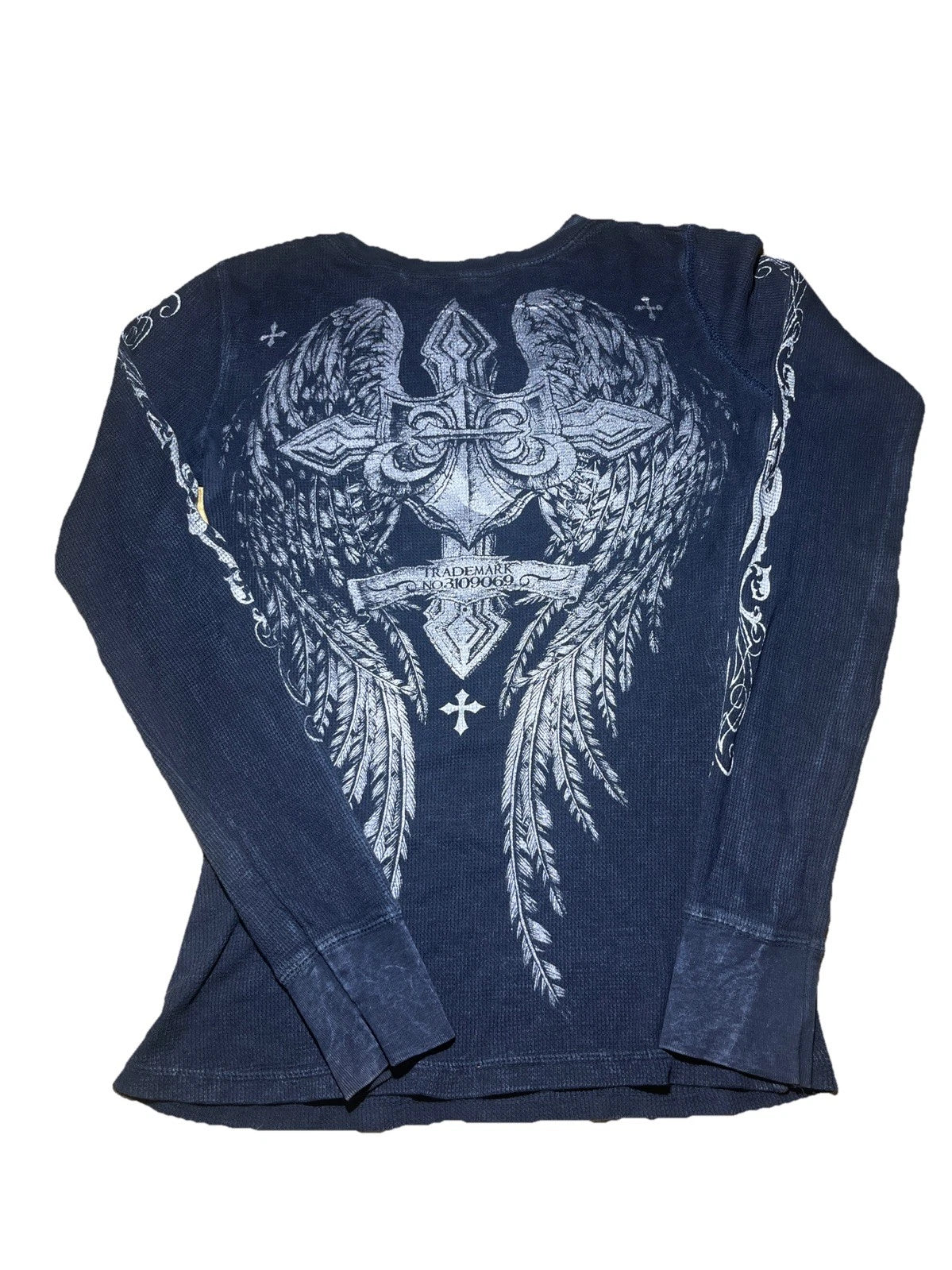 VTG Y2K Affliction Long Sleeve Shirt Size XSMall Goth Emo Angel Wing Skull Cross