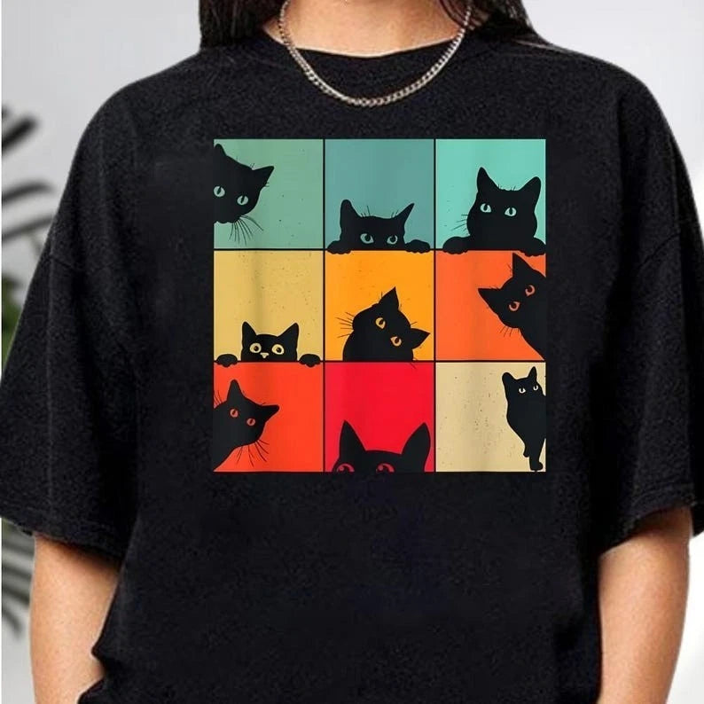 Retro Black Peeking Cats Colorful Grid Pop Art T shirt