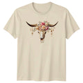 Boho Floral Bull Skull Womens T-Shirt Western Bohemian Birthday Gift For Her