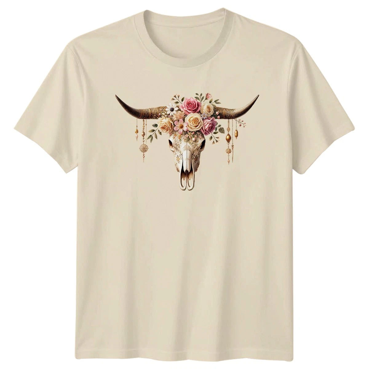 Boho Floral Bull Skull Womens T-Shirt Western Bohemian Birthday Gift For Her