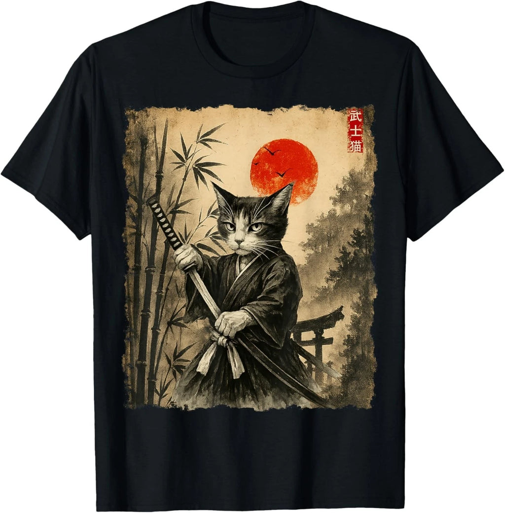 Samurai Cat Japanese Art Men Boys Funny Graphic Tee Anime T-Shirt