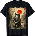 Samurai Cat Japanese Art Men Boys Funny Graphic Tee Anime T-Shirt