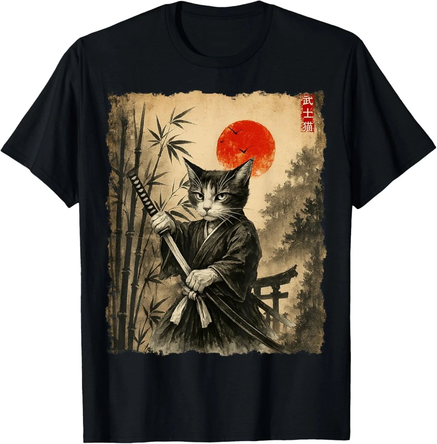 Samurai Cat Japanese Art Men Boys Funny Graphic Tee Anime T-Shirt