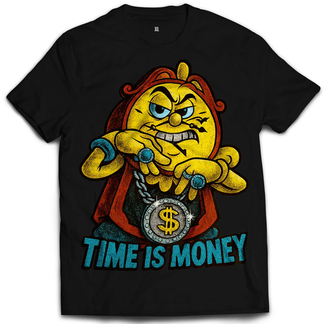 Time Is Money Graphic T-Shirt Cartoon Clock Bling Streetwear Black White Tee