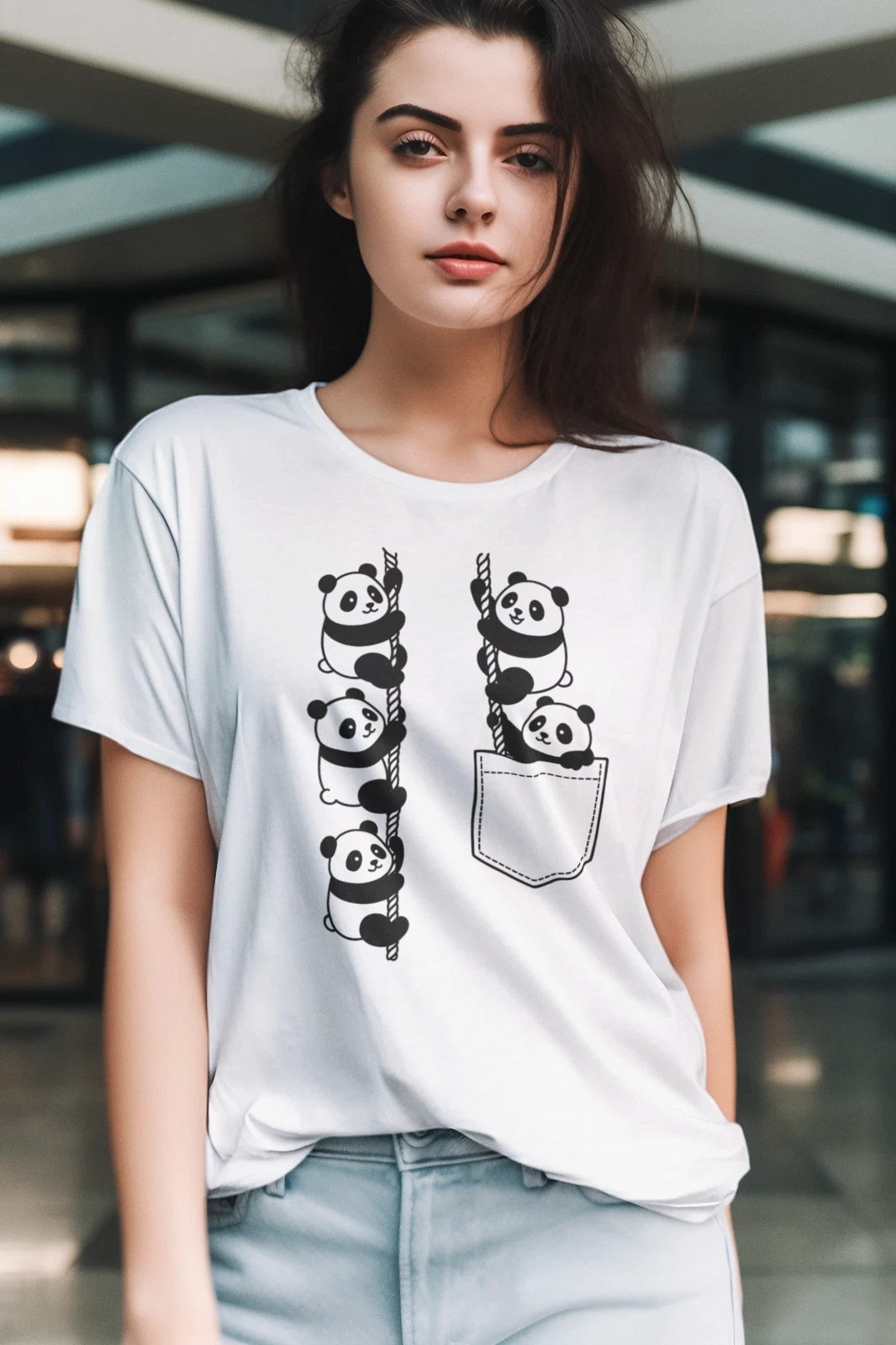 Cute Panda Climbing Pocket T-Shirt Black Graphic Tee Kawaii Animal Lover Gift