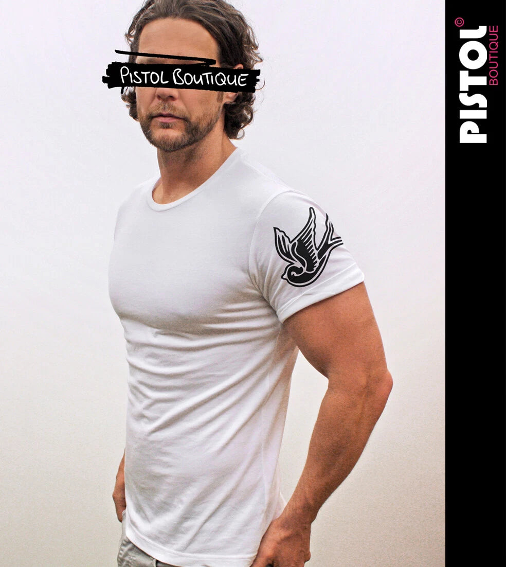 Pistol Boutique Men's T-Shirt Fitted White Sleeve Rolled Tattoo Swallows