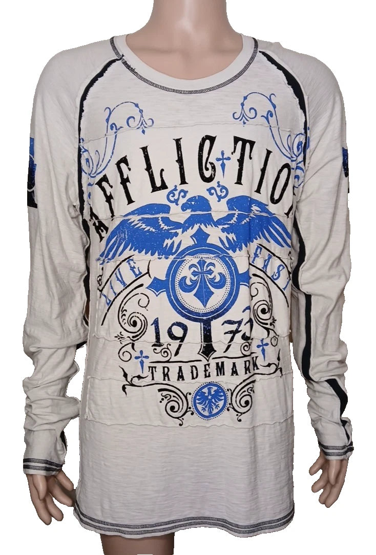 Affliction Y2K Mens Long Sleeve Shirt Live Fast Beige Blue Black Large       T36