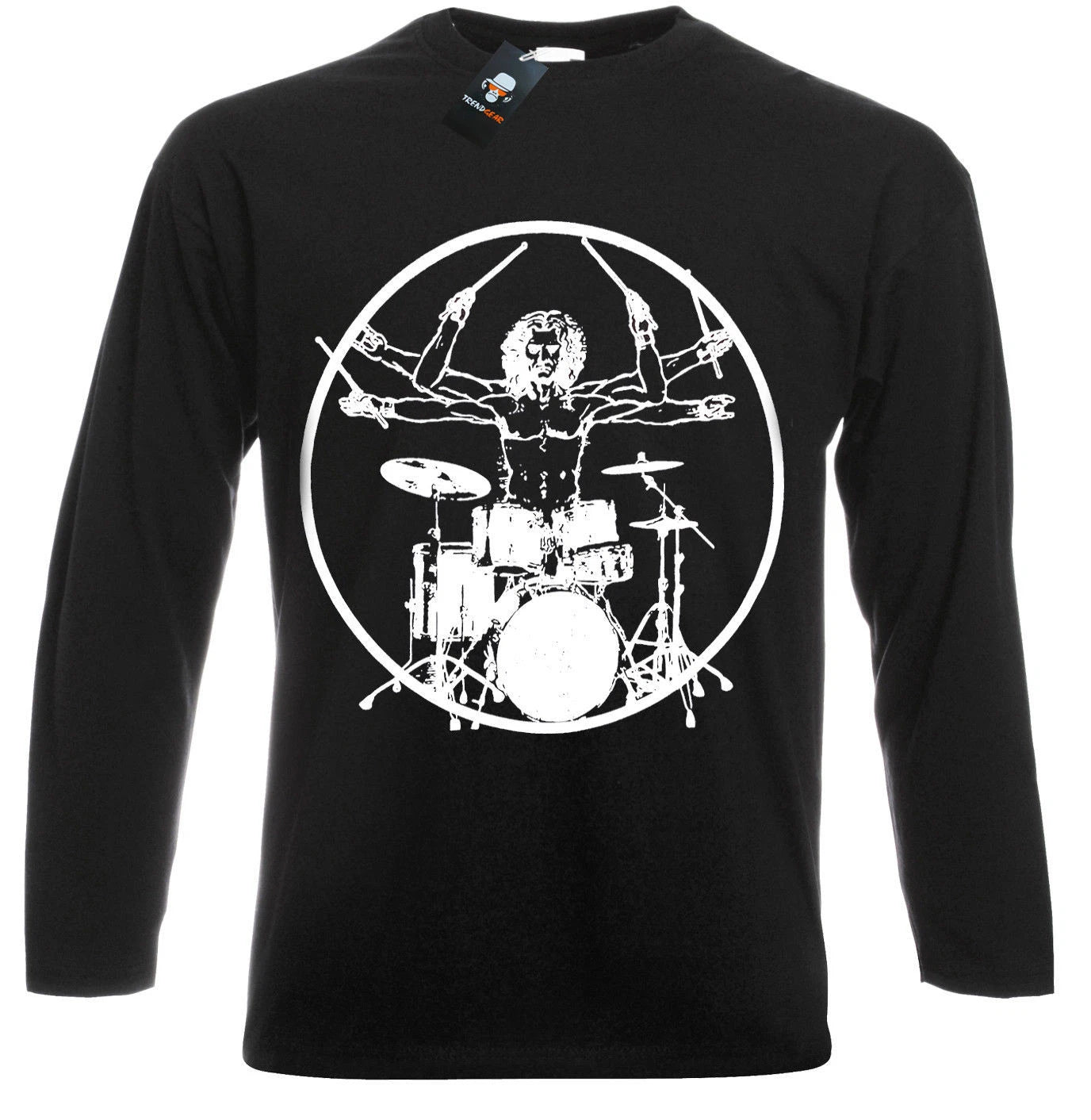 Vitruvian Drummer Long Sleeve T-Shirt Drums Drum Kit Stick Music Rock Metal Top