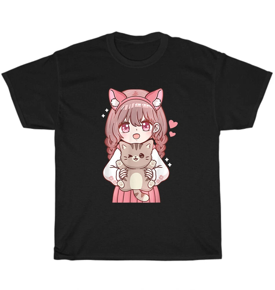 Anime Girl with Cat Kawaii Cat Kitten Pet Lover Otaku T-Shirt Unisex Funny Gift
