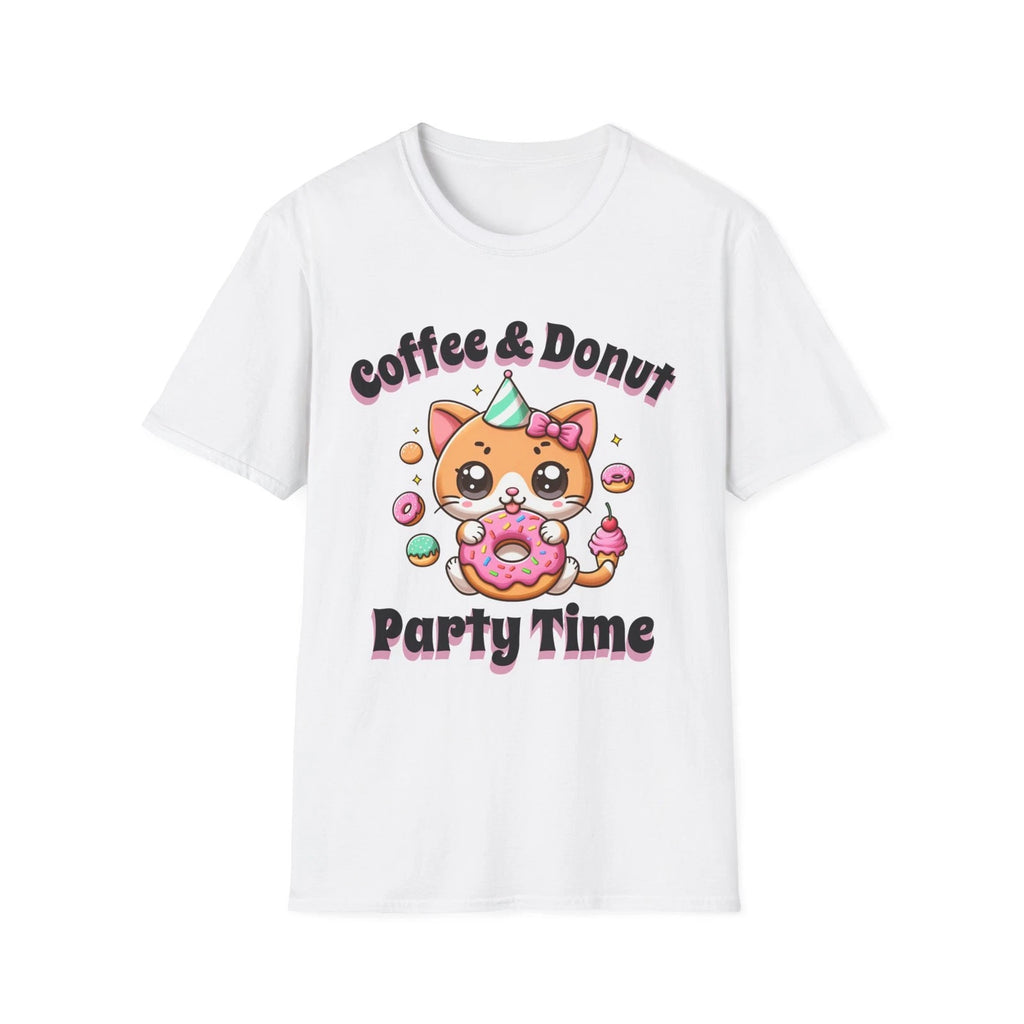 Coffee & Donut Party Time T-Shirt | Cute Cat Donut Design