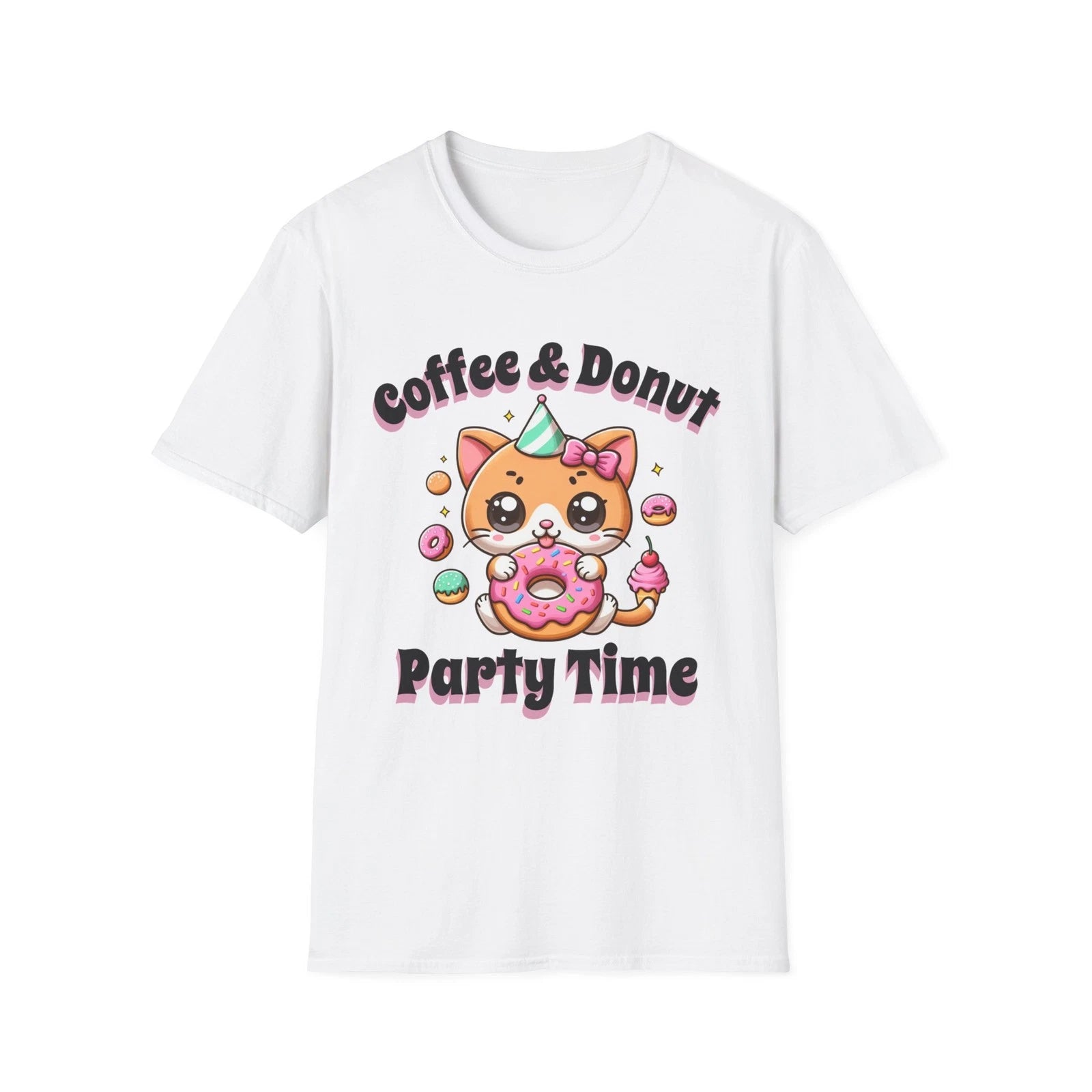 Coffee & Donut Party Time T-Shirt | Cute Cat Donut Design