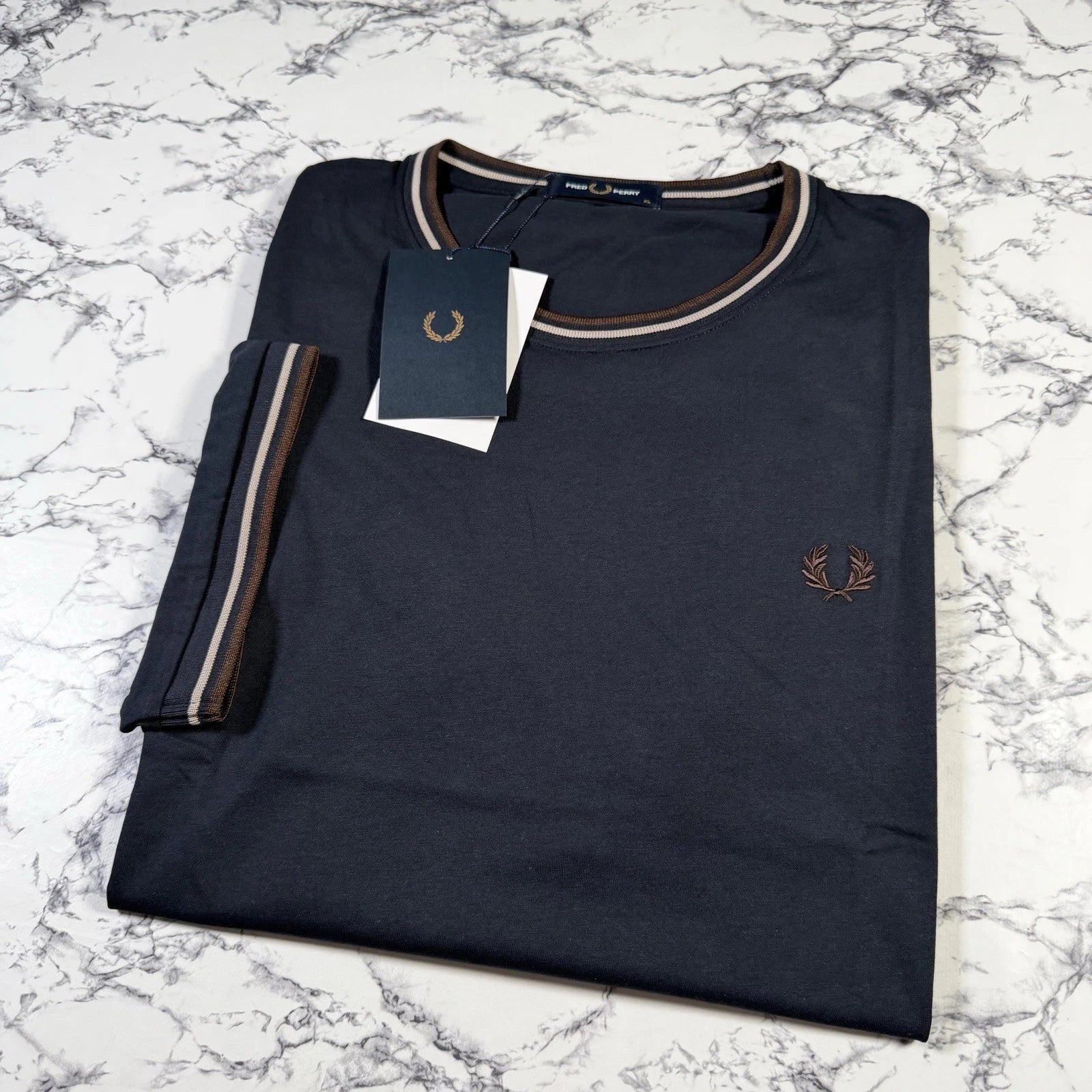 FRED PERRY Mens Navy Blue Twin Tipped T Shirt SIZE XL M1588V 52A BNWT