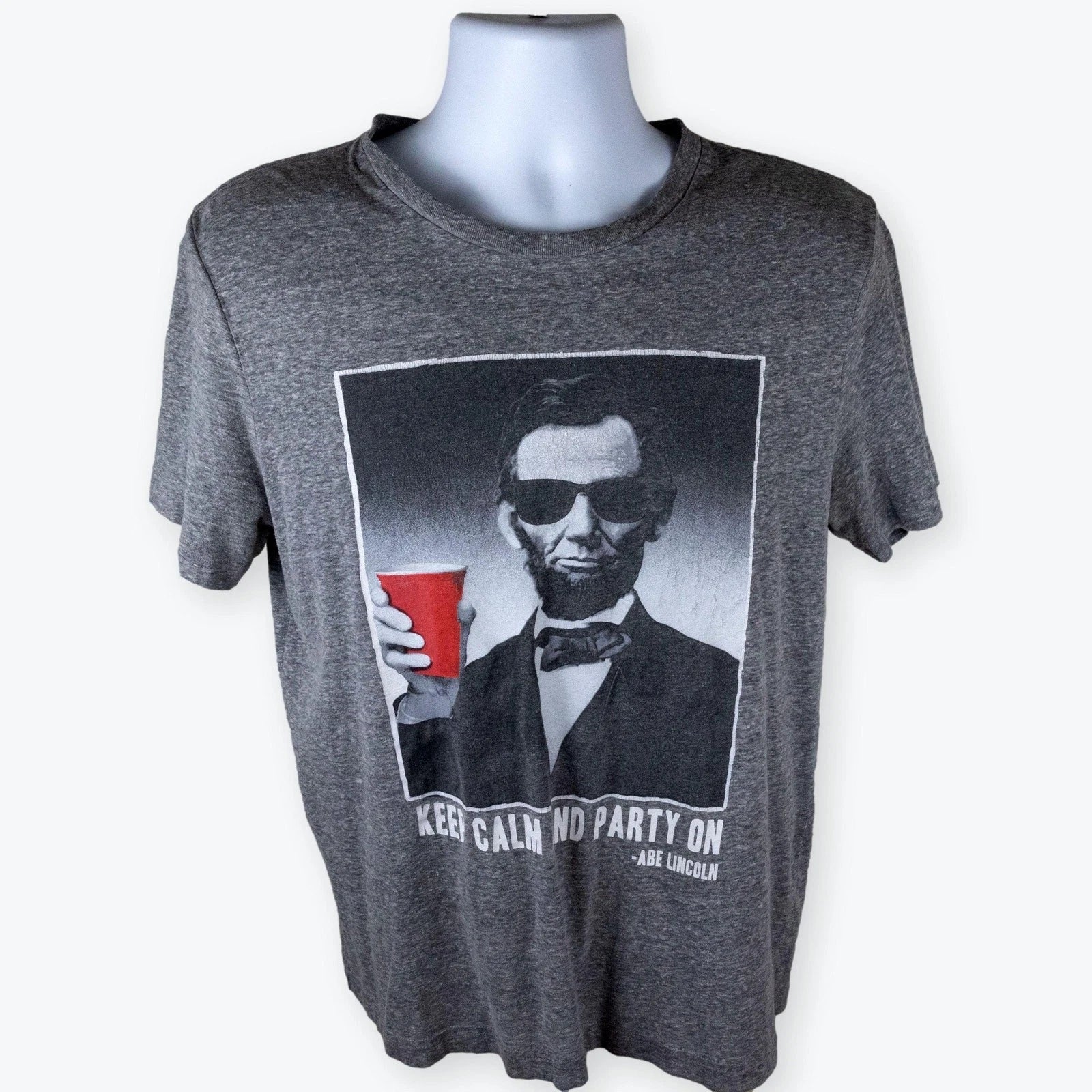 Novelty Tee  Gray Abe Lincoln "Keep Calm and Party On" Gray Mens M