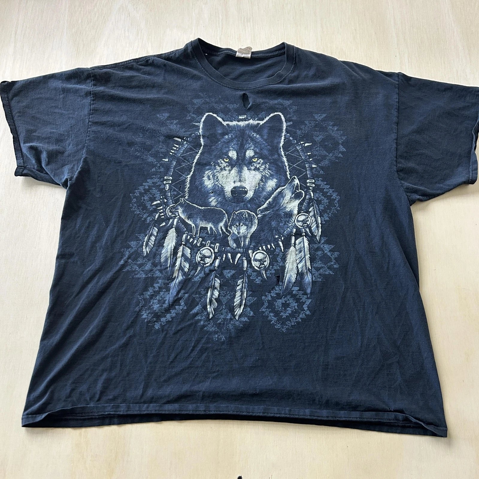 Y2K Wolf Dreamcatcher Shirt Mens 3XL Black Fruit Of The Loom Graphic Tee T-Shirt