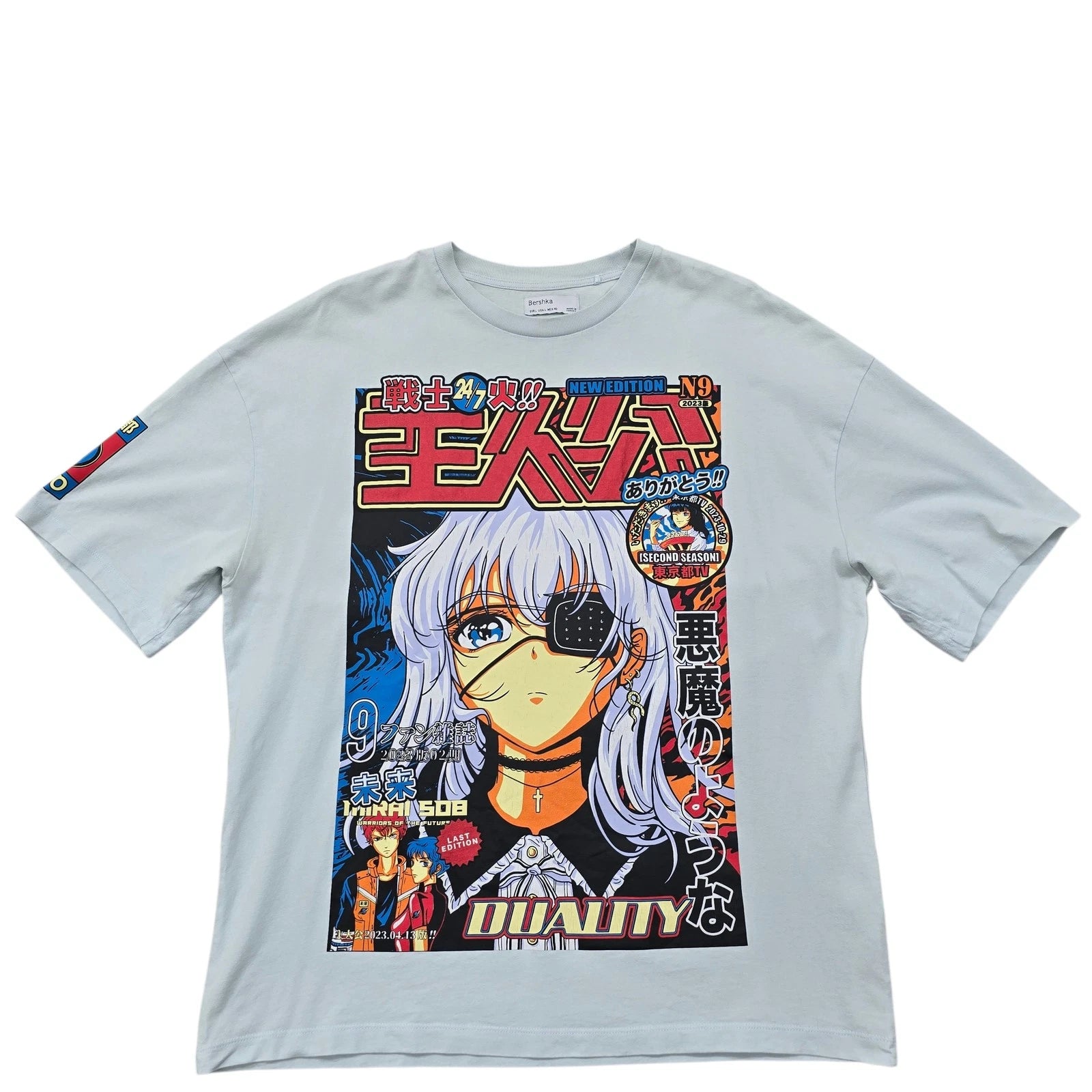Bershka Men's Light Blue Anime Graphic T-Shirt Size L