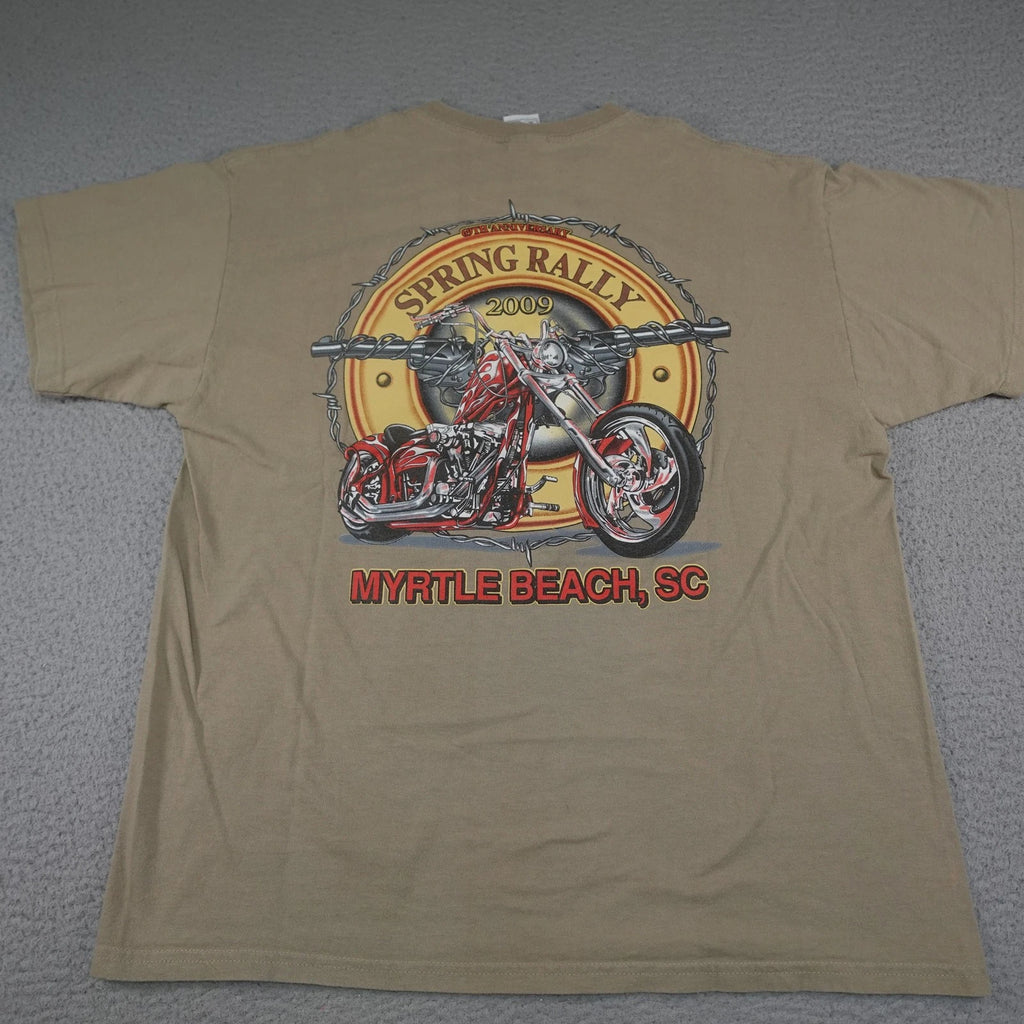 Y2K Biker Rally Shirt Mens XL Beige Chopper Barbed Wire Motorcycle Tee 2009