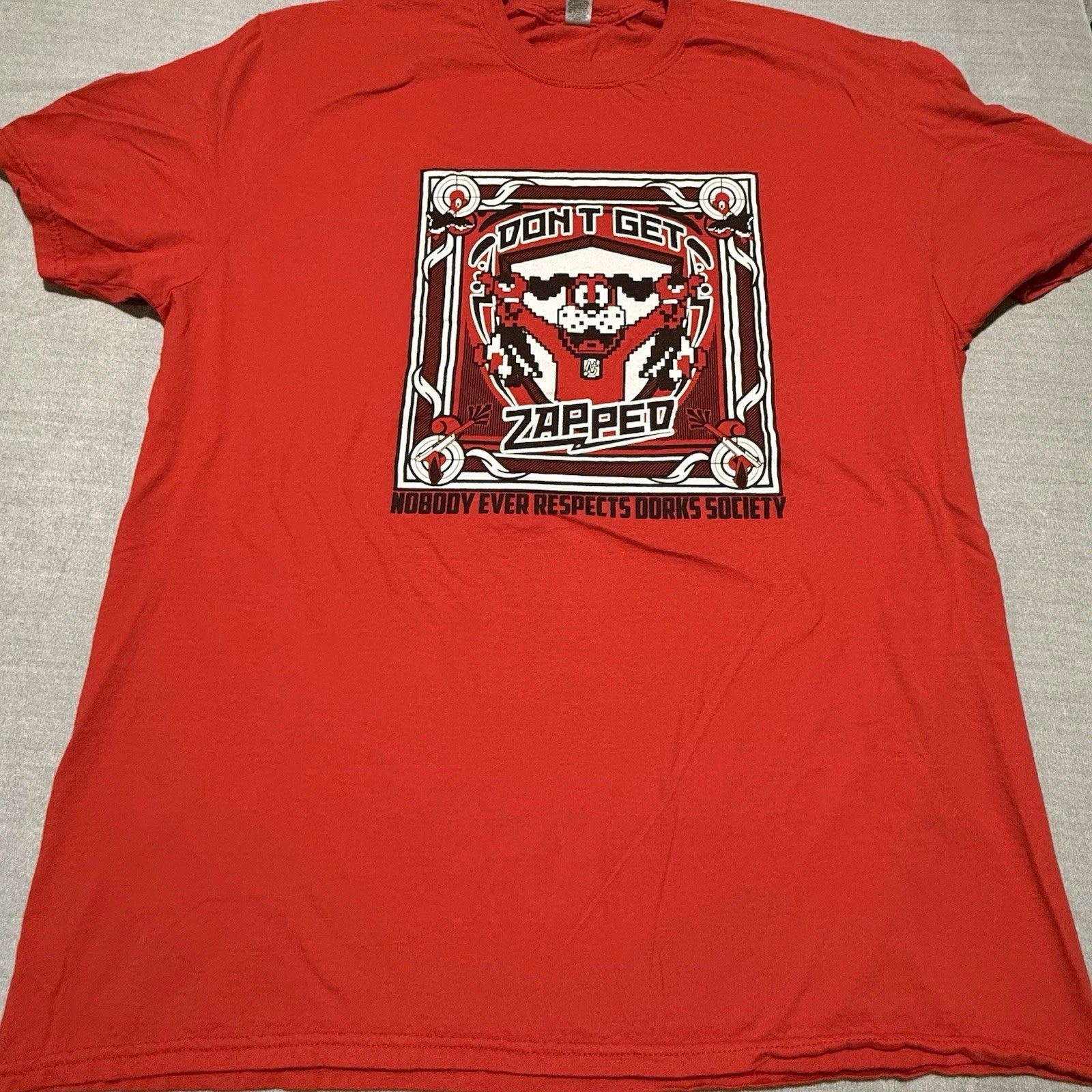 "Don't Get Zapped" Nobody Ever Respects Dorks Society Red Pixel Art T-Shirt L