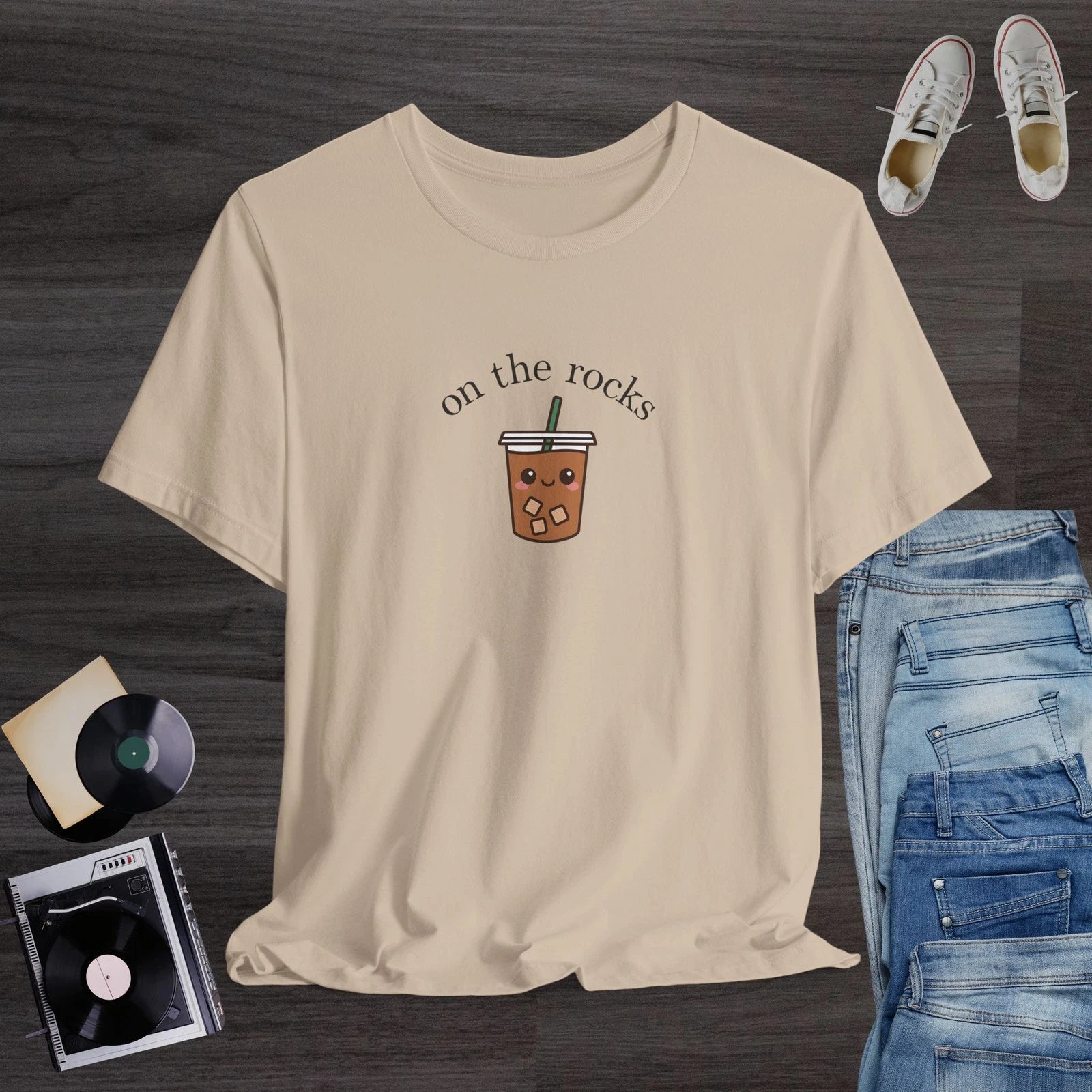 Cute Iced Coffee T-Shirt, Kawaii “On the Rocks” Coffee Lover Graphic Tee