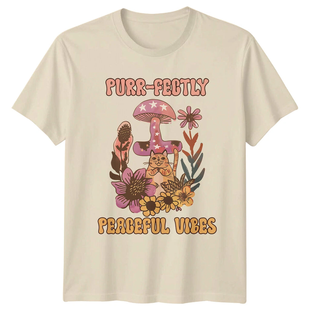 Purr-fectly Peaceful Vibes Cat Mushroom Retro Boho Graphic T-Shirt