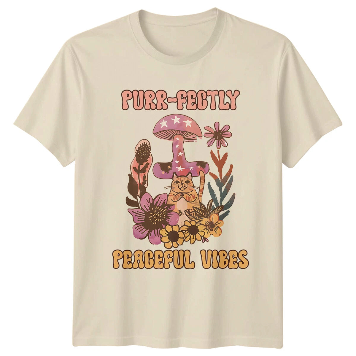 Purr-fectly Peaceful Vibes Cat Mushroom Retro Boho Graphic T-Shirt