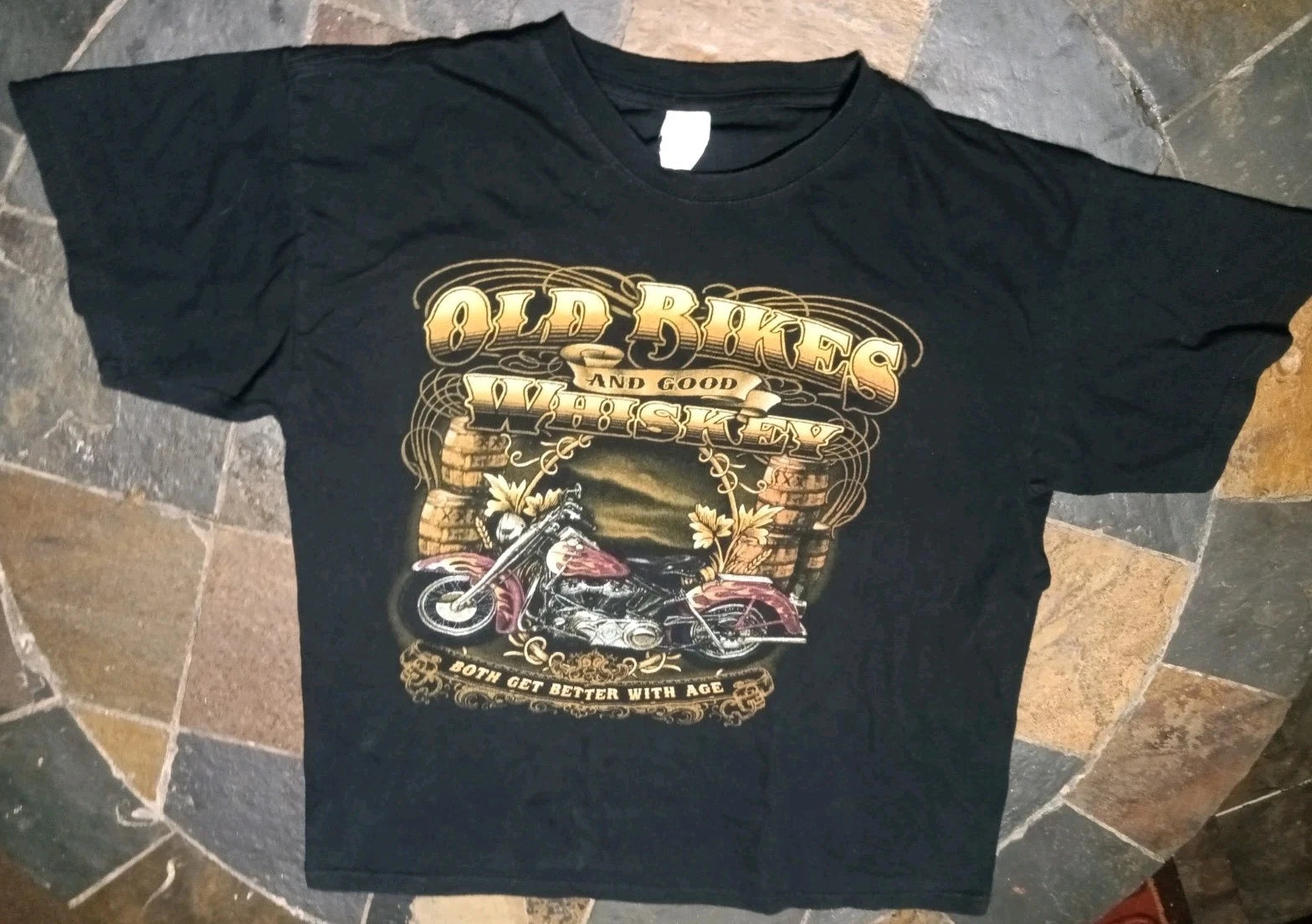 Motorcycle Y2KGraphic Tshirt Mens LG Old Bikes& Good Whiskey Get Better wth Age