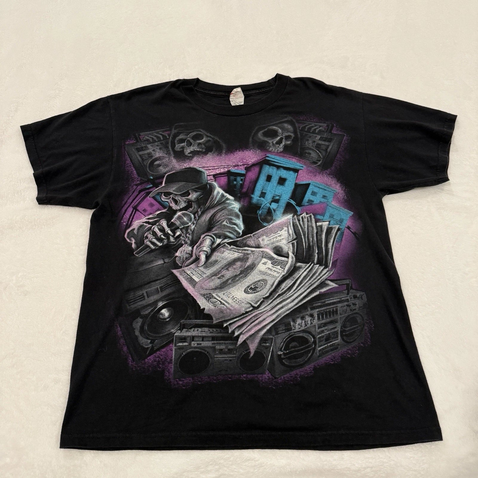 Y2K Dark Gangsta Rap Skeleton DJ With $100 Bills Black  Shirt Size Large ALSTYLE