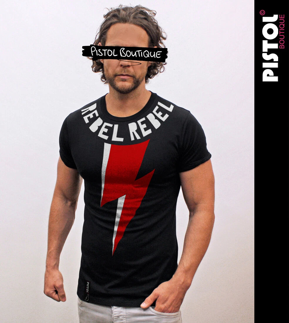 Pistol Boutique T-Shirt Black Fitted Mens Crew Neck Bowie Rebel Lightning Bolt