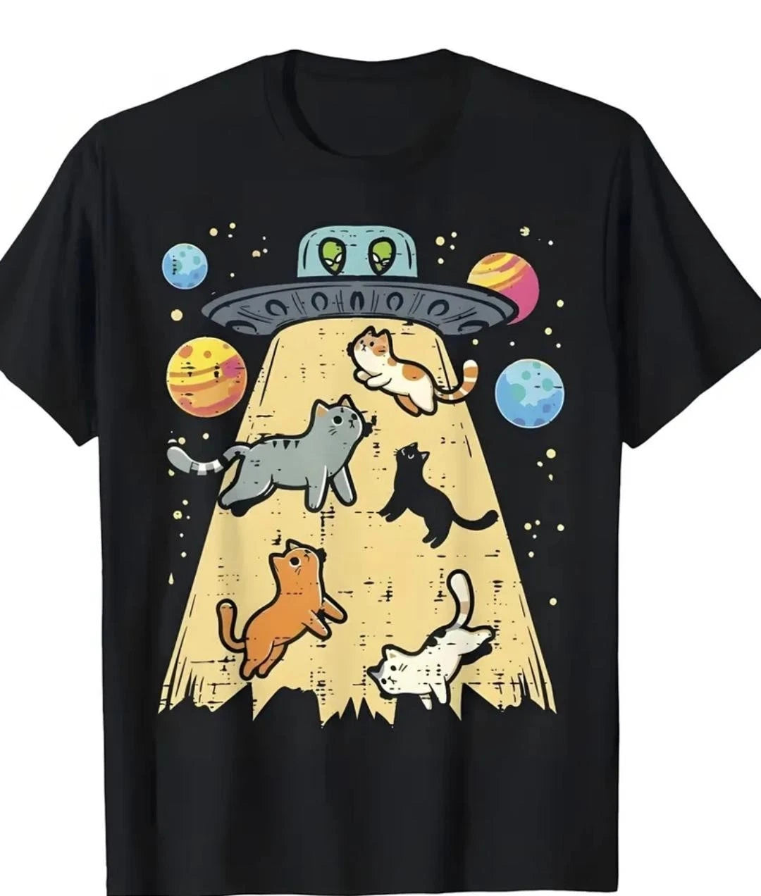Cat Lover T-Shirt UFO  Alien Gift Gato Present Graphic Tee Funny Space New Small