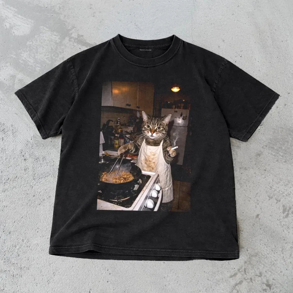 Funny Cat T-Shirt - Retro Cooking Cat Meme Graphic Tee Cotton Full Size S to 5XL