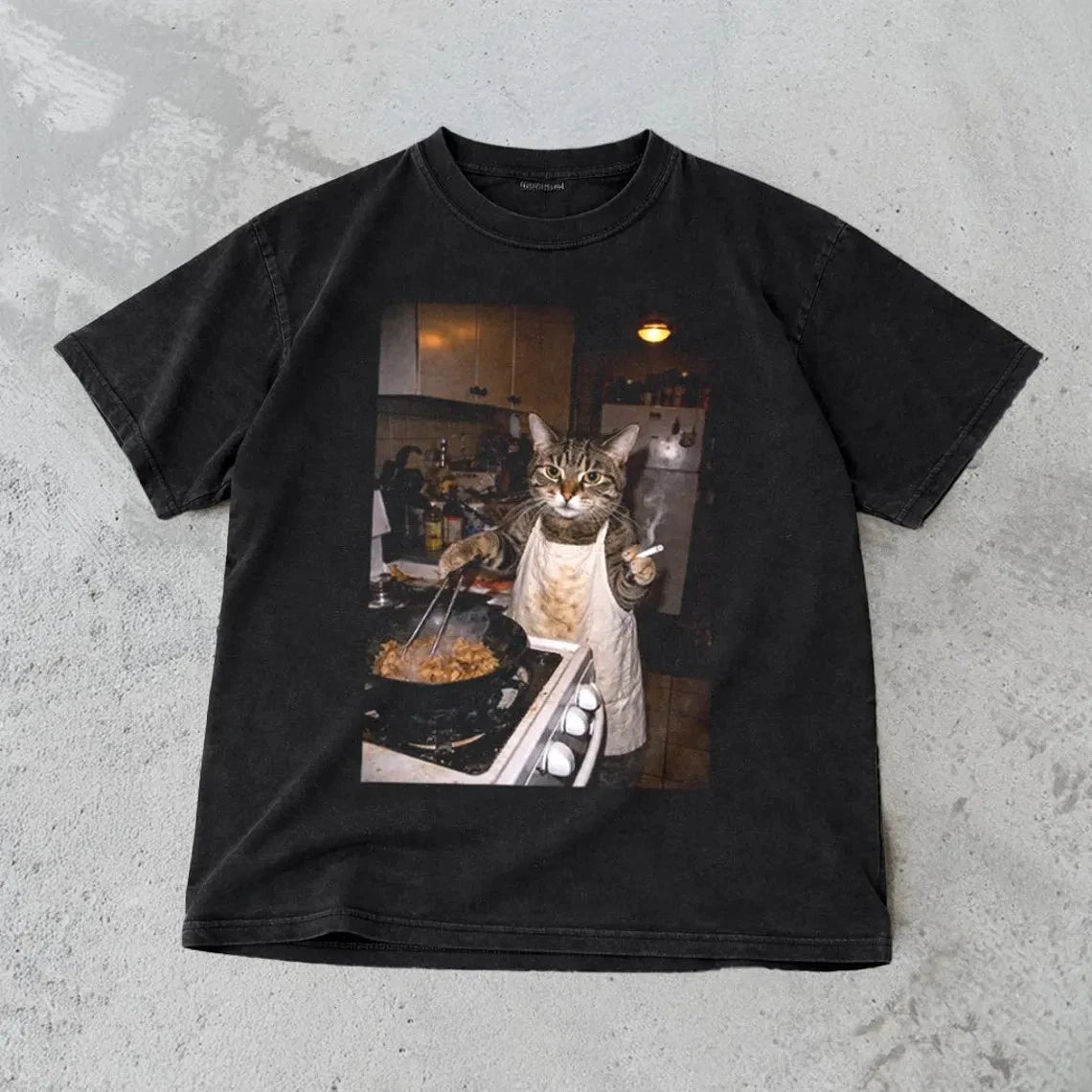 Funny Cat T-Shirt - Retro Cooking Cat Meme Graphic Tee Cotton Full Size S to 5XL