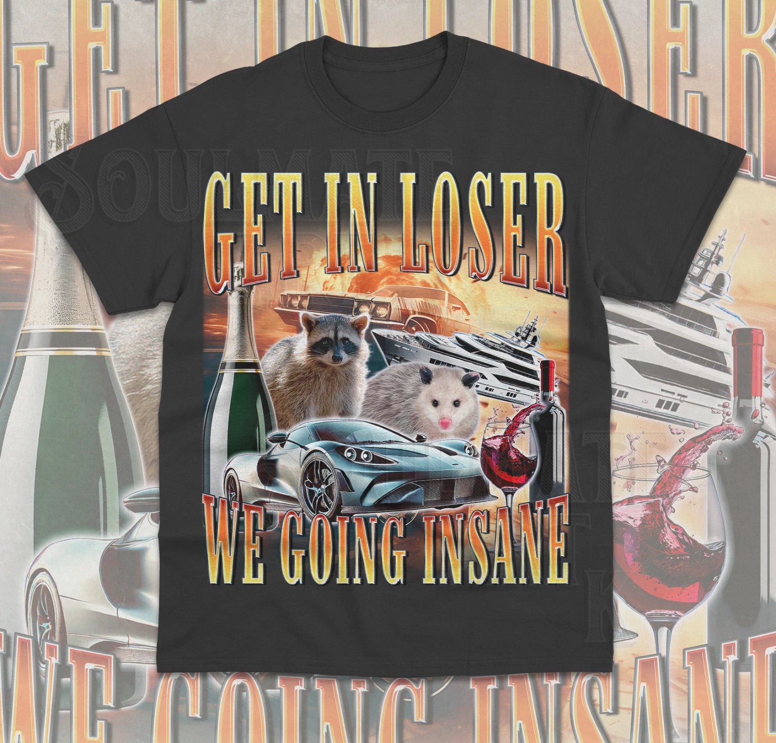 Get In Loser We Going Insane T-Shirt Funny Meme Raccoon Opossum Retro Shirt