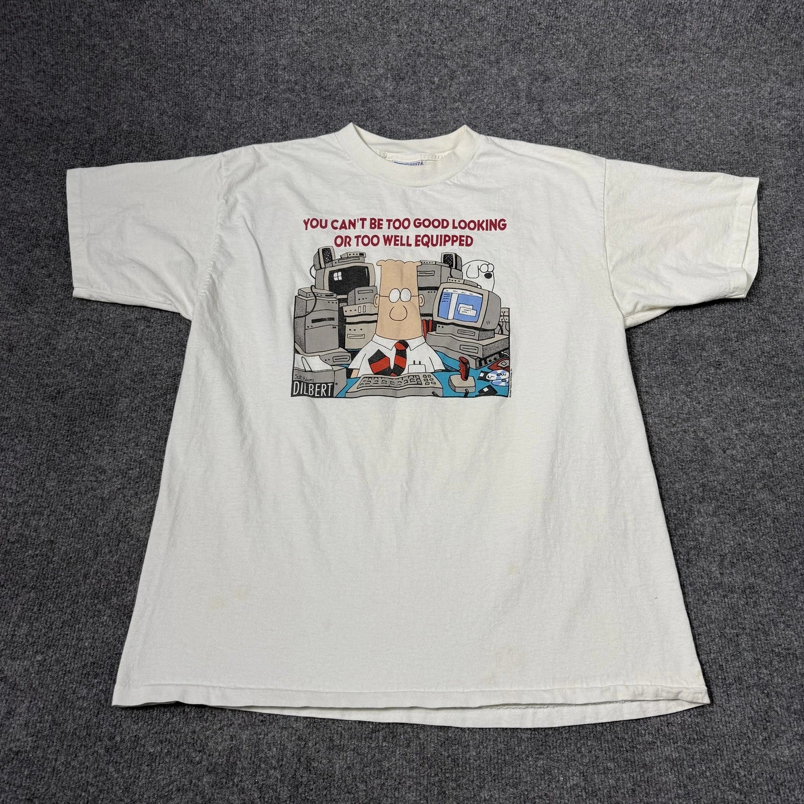 Vintage Dilbert Shirt Mens XL White All Sport Cartoon Computer Graphic Tee