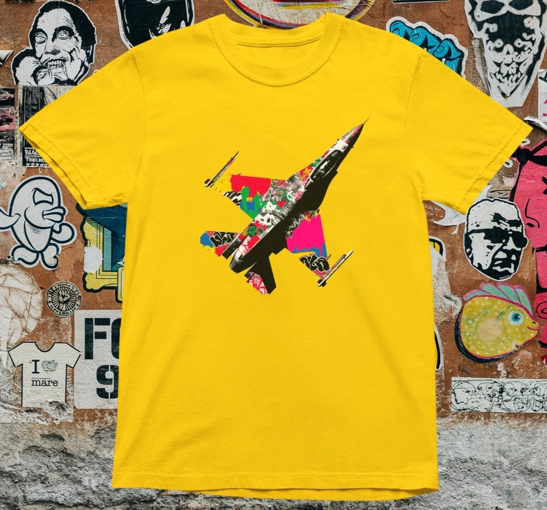 Graffiti Jet Fighter T-Shirt – Street Art Military Plane Graphic Tee Urban Pop A