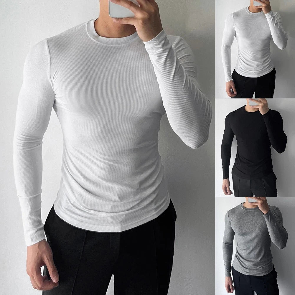 Men Ribbed Long Sleeve T Shirt O Neck Everyday Athletic Elastic Muscle Fit