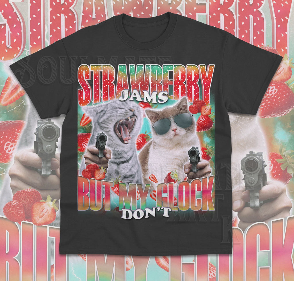 Strawberry Jams But My Glock Don't Shirt Funny Cat Meme Unisex Sweater Soft Tee